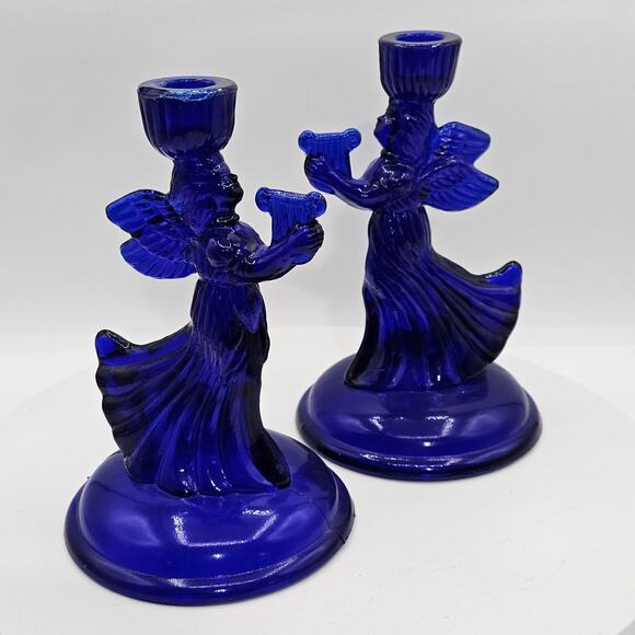 Vintage Cobalt Blue Glass Angel Candlestick Holders Musical Angel Harp Figurines - Picture 9 of 9